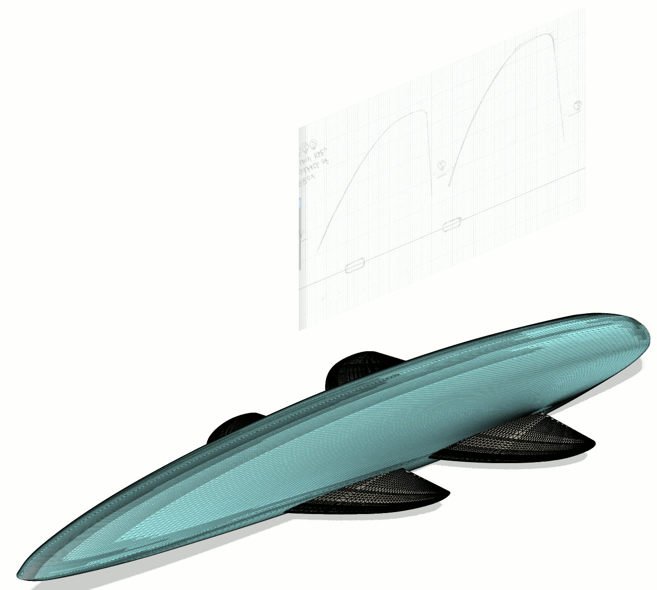 A CAD rendering of the streamlined sail-drone hull